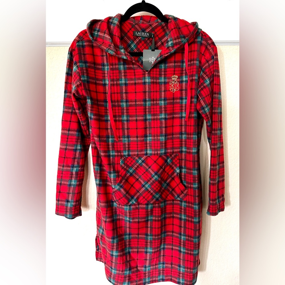 NWT Lauren Ralph Lauren Hooded Fleece Plaid Sleep Shirt